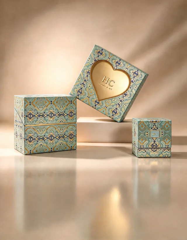 Patterned gift boxes with a heart-shaped lid detail