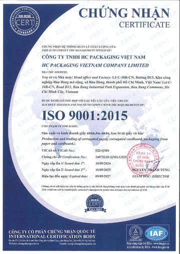 ISO 9001:2015 certificate for HC PACKAGING VIETNAM COMPANY LIMITED