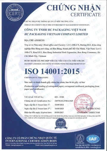 ISO 14001:2015 certificate for HC PACKAGING VIETNAM COMPANY LIMITED