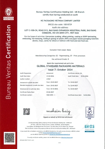 BRCGS Packaging Materials certificate for HC PACKAGING VIETNAM COMPANY LIMITED