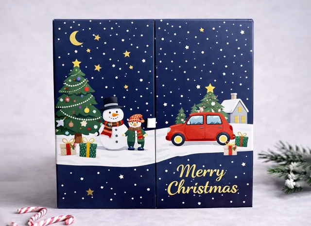Festive printed exterior of the Christmas advent calendar paper gift box